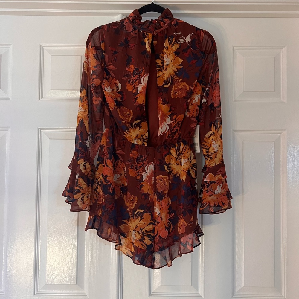 Lulu's Rust Floral Long-Sleeve Ruffle Romper - Picture 2 of 5